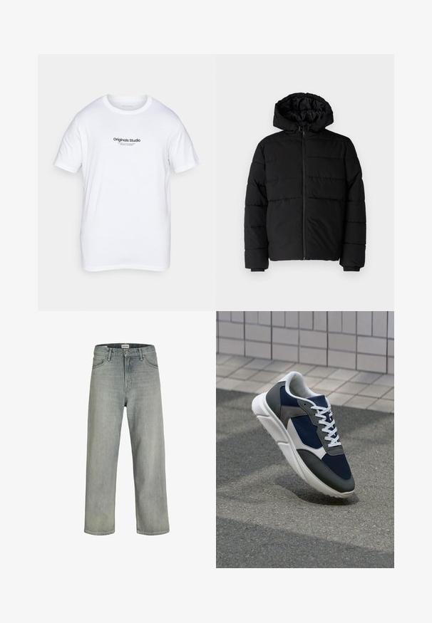 Crni puffer kaput s patentnim zatvaračem sprijeda, kapuljačom i horizontalnim šavovima. Izrađen od glatkog, izdržljivog materijala s rebrastim manžetama.; Bijela pamučna majica s kratkim rukavima. Na prednjoj strani ima crni otisnuti logo "Originals Studio". Klasičan dizajn s okruglim izrezom.; Svijetlosive, široke traperice napravljene od denima. Imaju klasičan dizajn s pet džepova, petlje za remen i ravni kroj nogavica.; Tenisice s gornjim dijelom od mrežastog materijala tamnoplave boje, siva antilopova naglašavanja, bijela gumena potplat i ravne bijele vezice, dizajnirane za udobnost i prozračnost.
