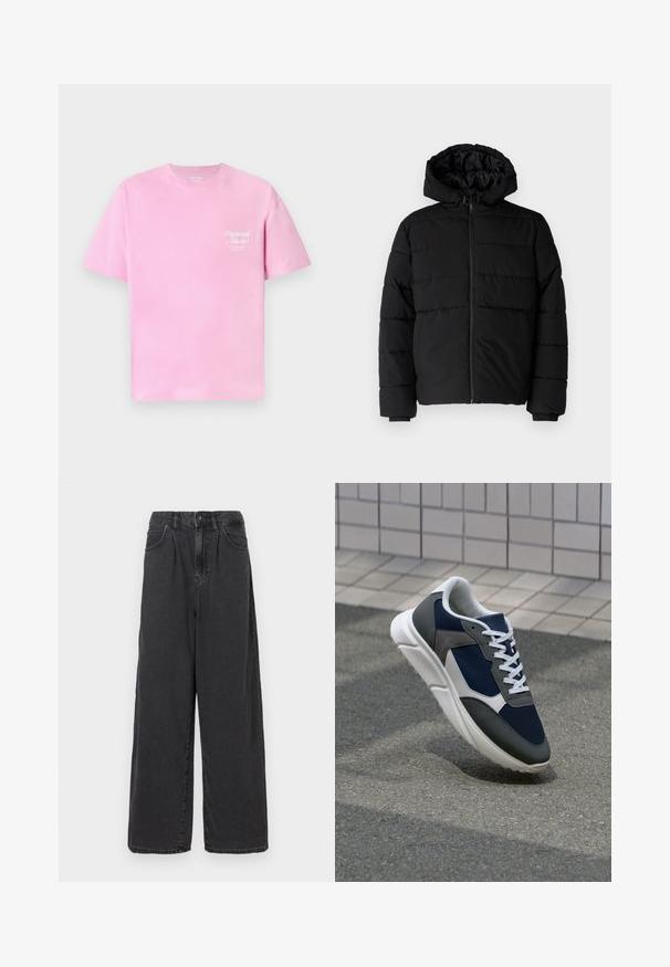 Svart boblejakke med glidelås foran, hette og horisontalt quiltet design. Laget av et glatt, slitesterkt stoff med ribbede cuffs.; Rosa bomull t-skjorte med rund hals og korte ermer. Har en liten hvit "Originals Studio" tekst trykket på brystet.; Bredde ben, høy midje svarte dongeri bukser med knapp og glidelås foran, med sidelommer og en glatt tekstur.; Sneakers med en navy blå mesh-overdel, grå sømværk, hvit gummisåle og flate hvite snører, designet for komfort og pusteevne.