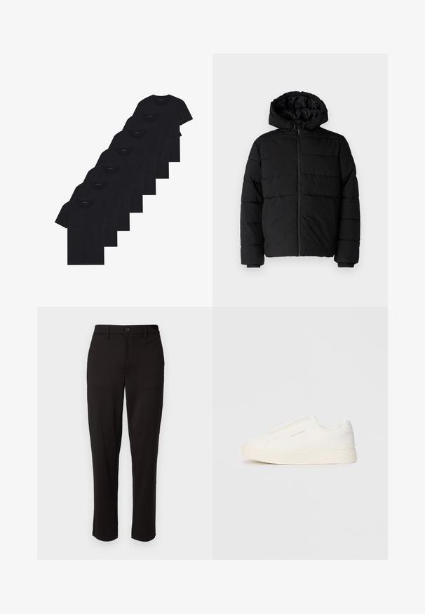 Jachetă puffer neagră cu fermoar în față, glugă și un design matlasat orizontal. Fabricată dintr-un material neted și rezistent, cu manșete ribbate.; Set de opt tricouri negre din bumbac cu mâneci scurte și gât rotund, având un design simplu și o textură moale.; Pantaloni negri dintr-un material ușor, cu croială dreaptă, închidere cu nasture în față, bucle pentru curea și buzunare pe laterale.; Tenisi albi slip-on cu o suprafață texturată, talpă groasă și un design minimalist. Prezintă logo-ul brandului pe lateral.