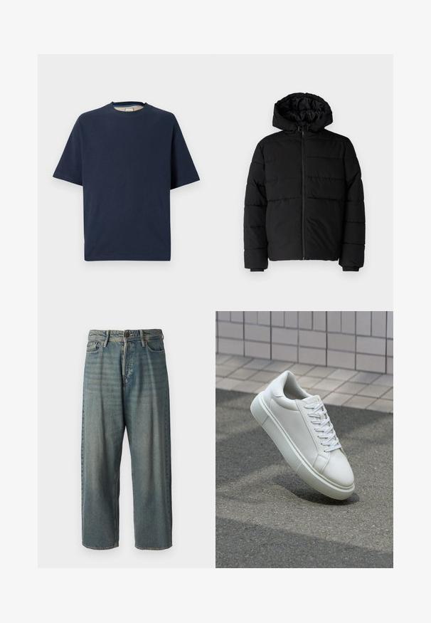 Casaco puffer preto com fecho de correr, capuz e design acolchoado horizontal. Feito de um tecido liso e durável com punhos canelados.; T-shirt de manga curta azul marinho em tecido de algodão, com decote redondo e bainha reta. Textura suave sem padrões ou detalhes visíveis.; Jeans de ganga azul claro com um corte solto, cintura média e pernas retas. Apresenta cinco bolsos, passadores de cinto e fecho com botão.; Tênis de couro branco com superfície lisa, bico redondo e cadarços brancos planos. Apresenta uma sola de borracha texturizada e elementos de design minimalistas.