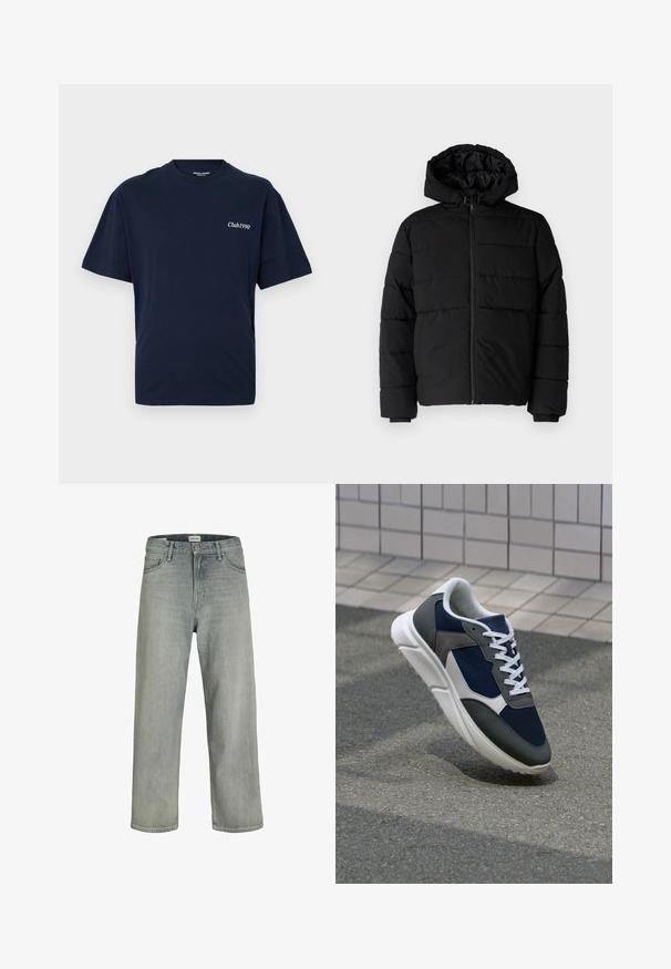 Black puffer jacket featuring a zip front, a hood, and horizontal quilted design. Made of a smooth, durable fabric with ribbed cuffs.; Navy blue cotton t-shirt with a round neck and short sleeves. Features white "Club1990" text on the left chest area. Simple design.; Light gray, loose-fitting jeans made of denim. Features a classic five-pocket design, belt loops, and a straight leg silhouette.; Sneaker featuring a navy blue mesh upper, gray suede accents, white rubber sole, and flat white laces, designed for comfort and breathability.