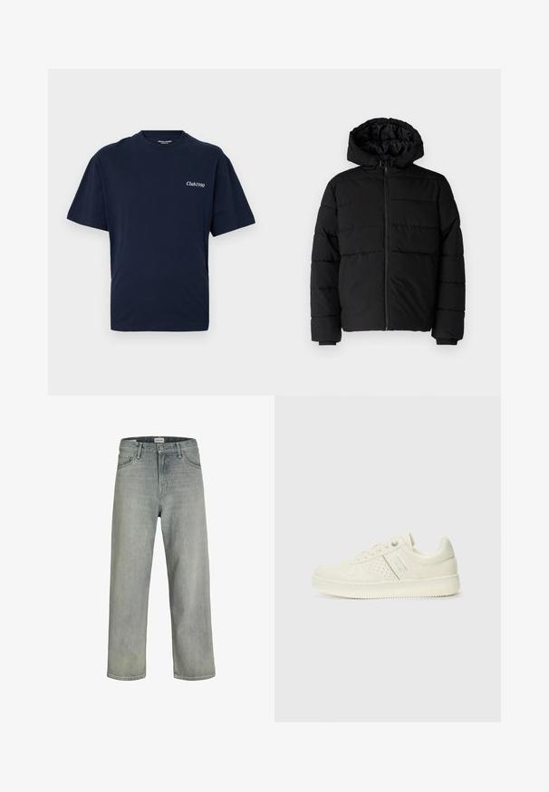 Črna puhovka z zadrgo spredaj, kapuco in vodoravno šivano obliko. Narejena je iz gladkega, trpežnega materiala z rebrastimi manšetami.; Tankt majica v mornarsko modri barvi iz bombaža s krožnim izrezom in kratkimi rokavi. Na levem predelu prsnega koša je bel napis "Club1990". Preprost dizajn.; Svetlo sivi, široki traperice iz denima. Ima klasični dizajn s pet džepova, petlje za remen i ravno krojenje.; Sneaker v kremni barvi s perforiranim detajlom, vezalkami in logotipom na strani, prikazan na enostavni beli ozadju.