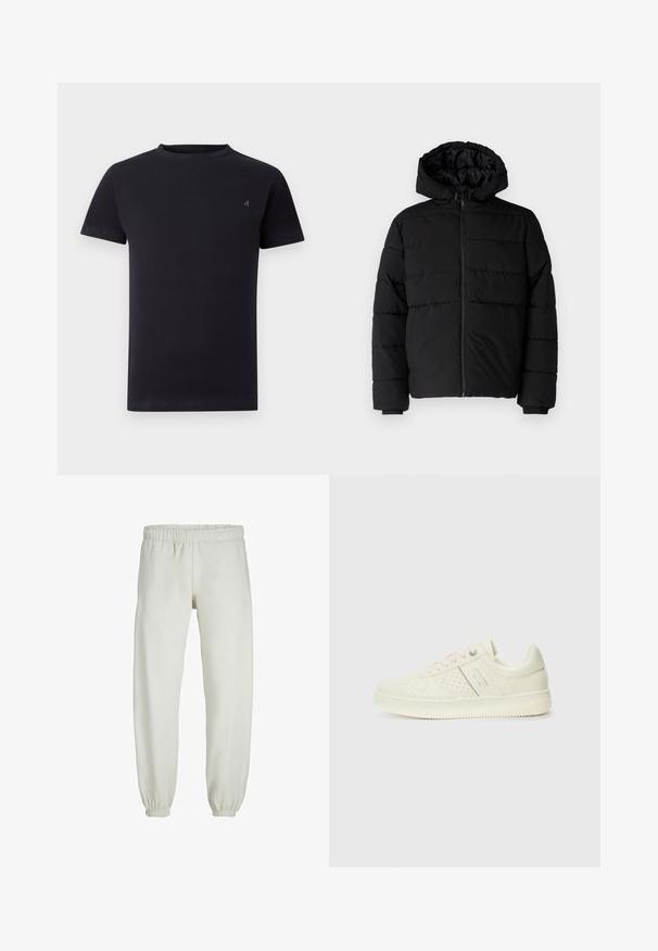 Črna puhovka z zadrgo spredaj, kapuco in vodoravno šivano obliko. Narejena je iz gladkega, trpežnega materiala z rebrastimi manšetami.; Črna majica s kratkimi rokavi in okruglim izrezom, z majhnim vezenim logotipom na levi strani prsnega dela, enostaven dizajn, sproščen kroj.; Bele trenerke narejene iz mehkega blaga, z elastičnim pasom in manšetami, gladke teksture in ohlapnega kroja.; Sneaker v kremni barvi s perforiranim detajlom, vezalkami in logotipom na strani, prikazan na enostavni beli ozadju.