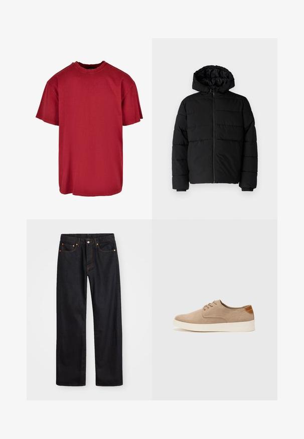 Črna puhovka z zadrgo spredaj, kapuco in vodoravno šivano obliko. Narejena je iz gladkega, trpežnega materiala z rebrastimi manšetami.; Rdeča bombažna majica s sproščenim krojem, kratkimi rokavi, okroglim izrezom in obrabljenimi detajli v predelu ramen. Brez vidnih logotipov.; Moške črne kavbojke ravnega kroja z petimi žepi in oranžnim šivanjem, z gumbom in zadrgo na sprednjem pasu.; Bež tkanine usnjene superge z zaobljenim nosom, vezalkami na sprednji strani in teksturiranim zadnjim detajlom. Belo gumijasto podplato zagotavlja kontrast. Enostaven in sodoben dizajn.