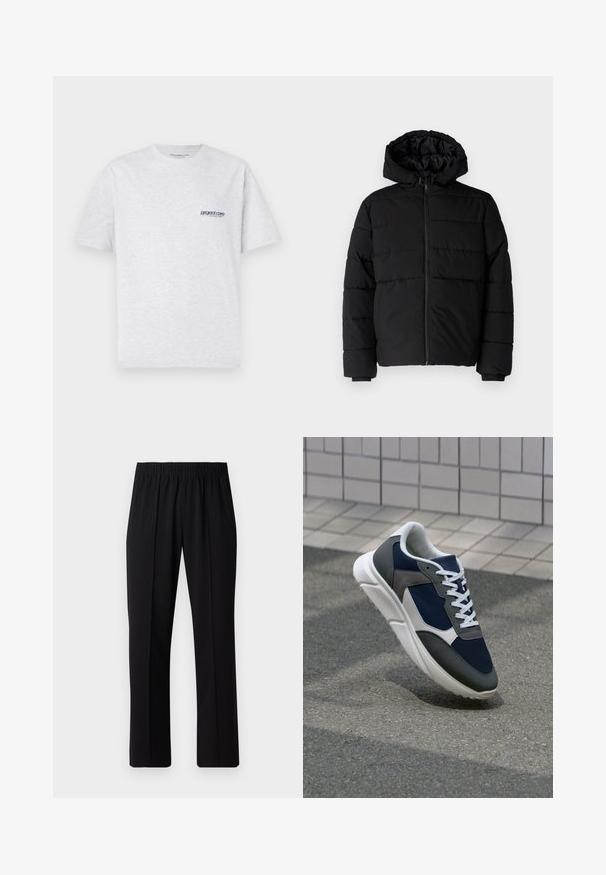 Μαύρο μπουφάν με φερμουάρ μπροστά, κουκούλα και οριζόντιο ραμμένο σχέδιο. Κατασκευασμένο από ομαλό, ανθεκτικό ύφασμα με ριγέ μανσέτες.; Γκρι κοντομάνικο t-shirt με μικρό μπλε λογότυπο "project core" στην αριστερή πλευρά του στήθους, παρουσιασμένο σε απλό φόντο.; Μαύρο παντελόνι με ελαστική μέση και ίσια γραμμή, με λεία υφή και χωρίς εμφανή σχέδια ή μεταλλικά στοιχεία.; Αθλητικά παπούτσια με επάνω μέρος από ναυτικό μπλε διχτυωτό ύφασμα, γκρι σουέτ λεπτομέρειες, λευκή καουτσούκ σόλα και επίπεδα λευκά κορδόνια, σχεδιασμένα για άνεση και αερισμό.