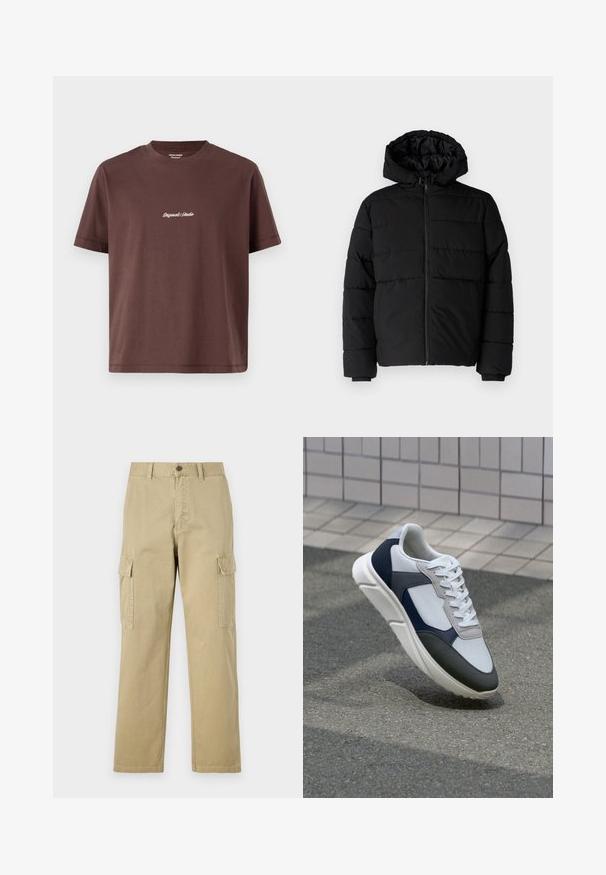 Must värvi puffernahk, millel on seljaed, kapuuts ja horisontaalne õmblusdisain. Valmistatud sujuvast, vastupidavast kangast ja ribakujuliste varrukaotste jaok.; Pruun puuvillane T-särk ümarate kaelustega. Lühikeste varrukatega, keskosas valge tikandiga tekst "Original Studio".; Beige cargos, mis on valmistatud puuvillast, sisaldavad kahte küljetaskut, nööbiga sulgemist ja sirgeid jalgu, millel on kergelt tekstureeritud kangas.; Valge, mereväe sinine ja hall spordijalats, millel on segatud materjalide disain, tekstureeritud ülemine osa, lame pael ja pehme talla.