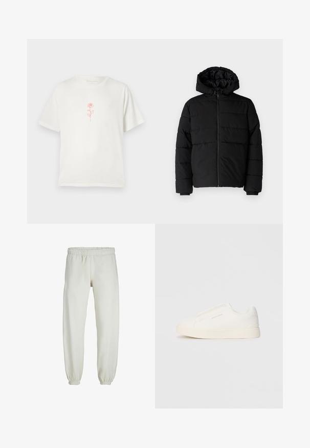 Sort pufferjakke med lynlås foran, hætte og vandret quiltet design. Lavet af et glat og holdbart stof med ribbede manchetter.; Cremefarvet t-shirt med et enkelt rødt rosenmotiv i midten, sat mod en plain hvid baggrund.; Hvide sweatpants lavet af blødt stof, med elastisk talje og håndled, der har en glat tekstur og løs pasform.; Hvide slip-on sneakers med en struktureret overflade, en tyk sål og et minimalistisk design. Har brandlogoet på siden.