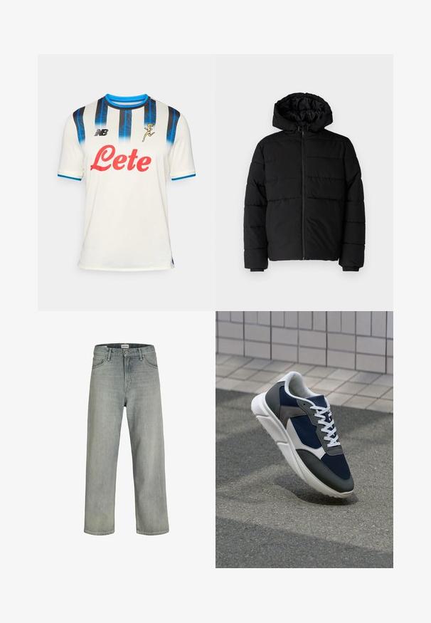 Čierna puff jacket s predným zipsom, kapucňou a horizontálnym prešívaním. Vyrobená z hladkej, odolnej tkaniny s rebrovanými manžetami.; Biely futbalový dres s čiernymi a modrými vertikálnymi pruhmi, okrúhlym výstrihom a krátkymi rukávmi. Obsahuje červené logo "Lete" a brand New Balance.; Svetlošedé džíny vo voľnom strihu vyrobené z denimu. Obsahujú klasický dizajn s piatimi vreckami, pútka na opasok a strih rovného nohavice.; Tenisky s sieťovinou v námorníckej modrej farbe, so sivými semišovými detailmi, bielou gumovou podrážkou a plochými bielymi šnúrkami, navrhnuté pre pohodlie a priedušnosť.