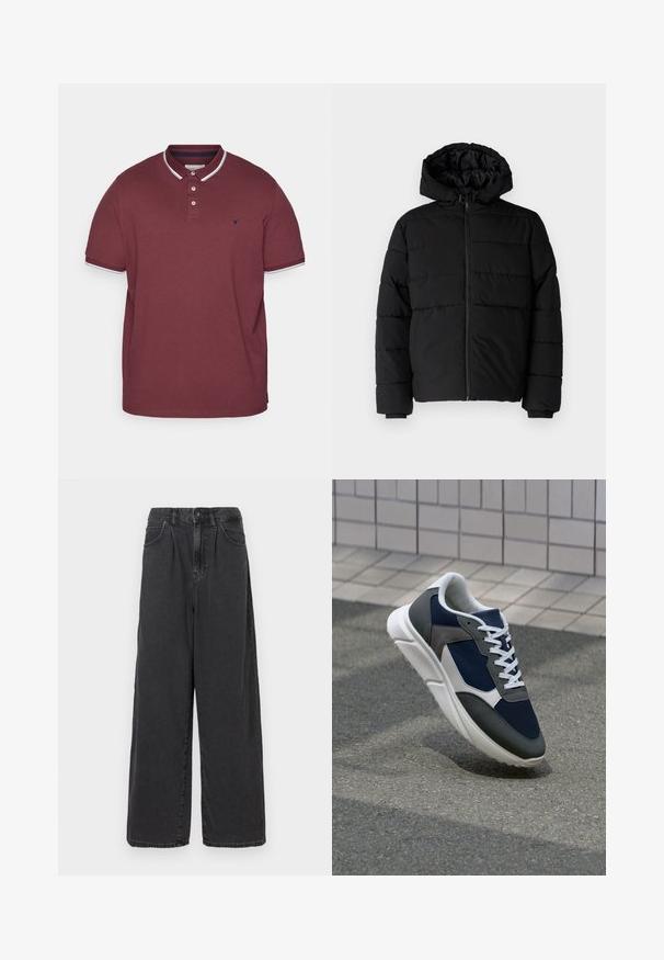 Giacca a vento nera con zip frontale, cappuccio e design a righe orizzontali. Realizzata in un tessuto liscio e resistente con polsini a coste.; Polo bordeaux in cotone, con colletto classico, pattina con tre bottoni, accenti bianchi sul colletto e sulle maniche, e un logo sul petto.; Pantaloni in denim neri a gamba larga e vita alta con chiusura frontale a bottoni e zip, dotati di tasche laterali e una texture liscia.; Sneaker con tomaia in rete blu navy, inserti in suede grigio, suola in gomma bianca e lacci bianchi piatti, progettata per comfort e traspirabilità.