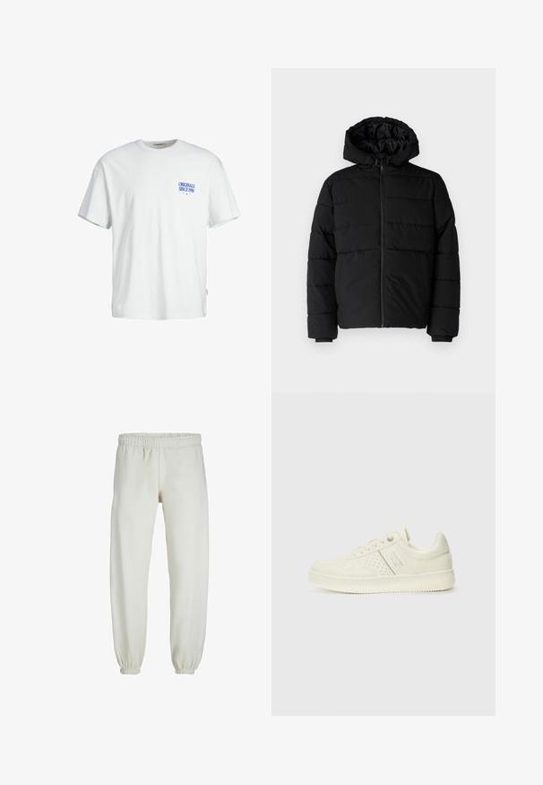 Czarna kurtka puchowa z zamkiem z przodu, kapturem i poziomym pikowaniem. Wykonana z gładkiego, trwałego materiału z prążkowanymi mankietami.; Biała bawełniana koszulka z luźnym krojem, z niebieskim napisem "ORIGINALS SINCE 1990" na lewej piersi i wplecioną metką z boku.; Białe dresy wykonane z miękkiego materiału, z elastycznym pasem i mankietami, o gładkiej fakturze i luźnym kroju.; Kremowe sneakersy z perforowanymi detalami, sznurowadłami i logo z boku, prezentowane na jednolitym białym tle.
