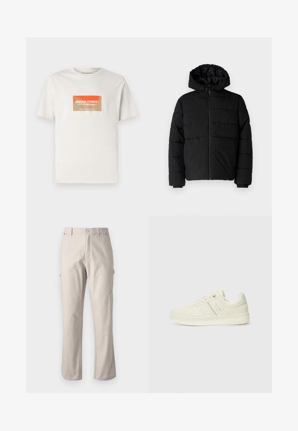 Melna pūkainā jaka ar rāvējslēdzēju priekšā, kapuci un horizontālu quiltēšanas dizainu. Izgatavota no gludas, izturīgas auduma ar ribotām piedurknēm.; Gaišs beigu kokvilnas T-krekls ar taisnstūra formas oranžu un krēms logotipa grafiku, kurā redzams teksts "JACK&JONES". Īsas piedurknes, apaļš kakls.; Bežīgas kravas bikses, izgatavotas no izturīgas kokvilnas, ar taisnām kājām, priekšējo pogu aizdari un sānu kabatām praktiskai lietošanai. Gluda tekstūra ar smalku šuvumu.; Krēmbaltie sporta apavi ar perforētu detaļām, auklām un logotipu sānos, attēloti uz vienkārša baltā fona.