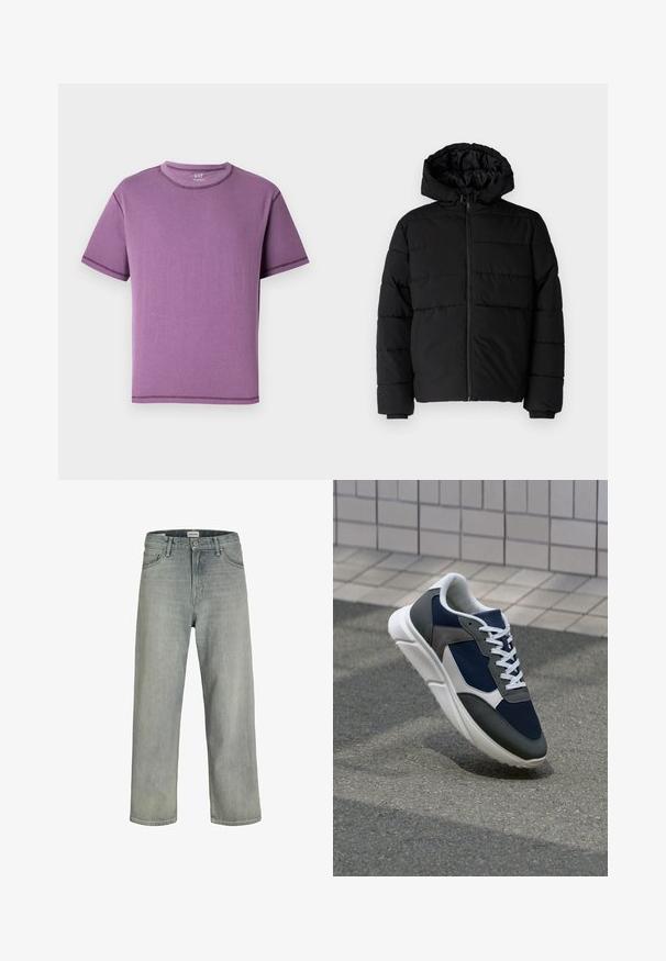 Black puffer jacket featuring a zip front, a hood, and horizontal quilted design. Made of a smooth, durable fabric with ribbed cuffs.; Purple short-sleeve T-shirt made of soft cotton, featuring a round neckline and contrasting stitching along the seams.; Light gray, loose-fitting jeans made of denim. Features a classic five-pocket design, belt loops, and a straight leg silhouette.; Sneaker featuring a navy blue mesh upper, gray suede accents, white rubber sole, and flat white laces, designed for comfort and breathability.