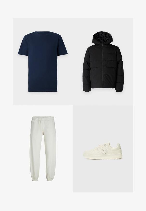 Czarna kurtka puchowa z zamkiem z przodu, kapturem i poziomym pikowaniem. Wykonana z gładkiego, trwałego materiału z prążkowanymi mankietami.; Granatowa bawełniana koszulka z krótkim rękawem, okrągłym dekoltem i regularnym krojem. Gładka tekstura, bez wzorów ani widocznych elementów metalowych.; Białe dresy wykonane z miękkiego materiału, z elastycznym pasem i mankietami, o gładkiej fakturze i luźnym kroju.; Kremowe sneakersy z perforowanymi detalami, sznurowadłami i logo z boku, prezentowane na jednolitym białym tle.