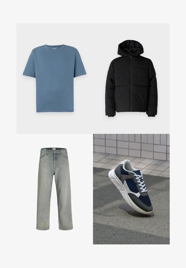 Giacca a vento nera con zip frontale, cappuccio e design a righe orizzontali. Realizzata in un tessuto liscio e resistente con polsini a coste.; T-shirt a maniche corte e colletto rotondo in morbido cotone blu. Presenta una vestibilità rilassata e dettagli di orlo cuciti. Nessun motivo o accessorio aggiuntivo.; Jeans grigi chiaro, con vestibilità comoda, realizzati in denim. Presentano un classico design a cinque tasche, passanti per cintura e una silhouette a gamba dritta.; Sneaker con tomaia in rete blu navy, inserti in suede grigio, suola in gomma bianca e lacci bianchi piatti, progettata per comfort e traspirabilità.