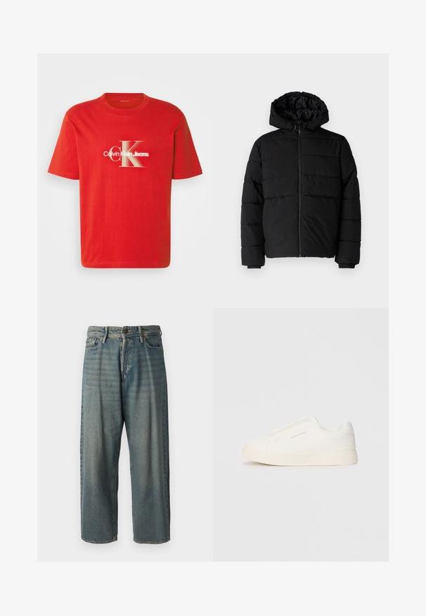 Černá péřová bunda s předním zipem, kapucí a vodorovným prošíváním. Vyrobena z hladké a odolné látky s žebrovanými manžetami.; Červené bavlněné tričko s velkým bílým grafickým logem "Calvin Klein Jeans" se stylizovaným "CK". Krátké rukávy a kulatý výstřih.; Světle modré denimové džíny s volným střihem, středně vysokým pasem a rovnými nohavicemi. Obsahují pět kapes, poutka na opasek a zapínání na knoflík.; Bílé slip-on tenisky s texturovaným povrchem, silnou podešví a minimalistickým designem. Na boku je umístěno logo značky.