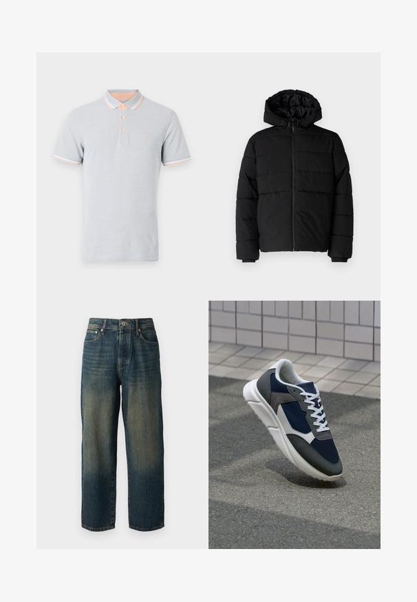 Giacca a vento nera con zip frontale, cappuccio e design a righe orizzontali. Realizzata in un tessuto liscio e resistente con polsini a coste.; Polo shirt grigio chiaro, maniche corte, colletto e polsini pesca con accenti bianchi, tre bottoni, logo ricamato sul petto.; Jeans in denim blu con taglio dritto, caratterizzati da un design sbiadito con tonalità più chiare verso l'orlo, cinque tasche e chiusura con bottone.; Sneaker con tomaia in rete blu navy, inserti in suede grigio, suola in gomma bianca e lacci bianchi piatti, progettata per comfort e traspirabilità.