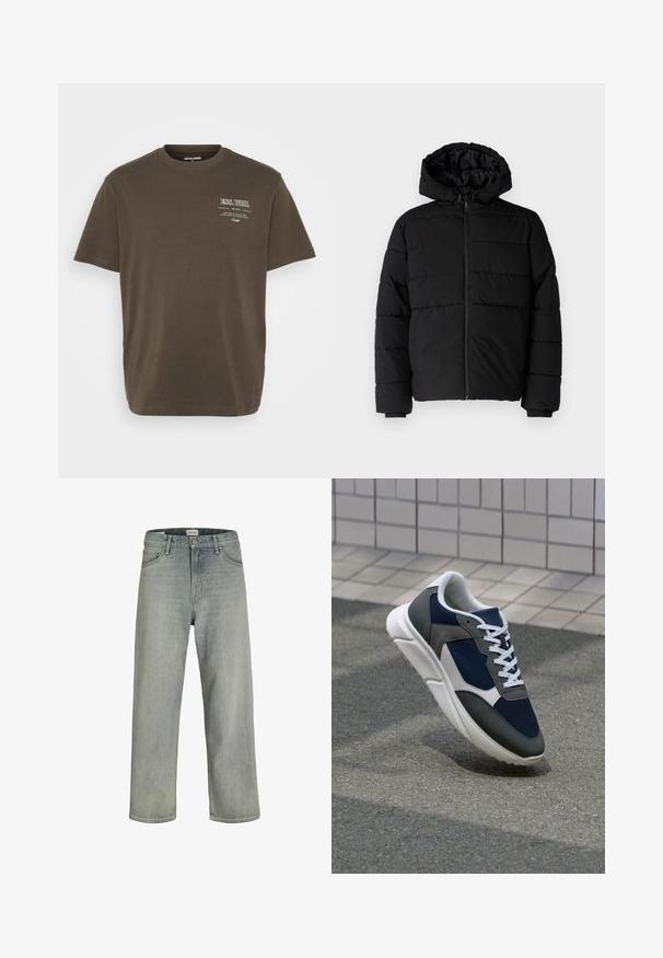 Fekete puff dzseki cipzárral elöl, kapucnival és vízszintes steppelt mintázattal. Simább, tartós anyagból készült, bordázott mandzsettákkal.; Barna, rövid ujjú pamut póló, kerek nyakkivágással, a bal oldalon egy kis fehér grafikával.; Világosszürke, laza szabású farmernadrág. Klasszikus öt zsebes dizájn, övhurkok és egyenes szárú fazon jellemzi.; Cipő, amelynek sötétkék hálós felsőrésze, szürke velúr díszítései, fehér gumitalpa és lapos fehér fűzője van, a kényelem és a légáteresztő képesség érdekében tervezve.