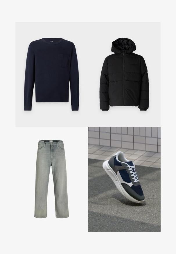 Casaco puffer preto com fecho de correr, capuz e design acolchoado horizontal. Feito de um tecido liso e durável com punhos canelados.; T-shirt azul marinho de manga longa feito de algodão, com decote arredondado e um pequeno bolso no lado esquerdo do peito. Textura suave.; Jeans soltos de cor cinza claro feitos de denim. Apresentam um design clássico de cinco bolsos, passadores para cinto e uma silhueta de perna reta.; Sapatilha com parte superior em malha azul-marinho, detalhes em camurça cinza, sola de borracha branca e atacadores brancos planos, projetada para conforto e respirabilidade.