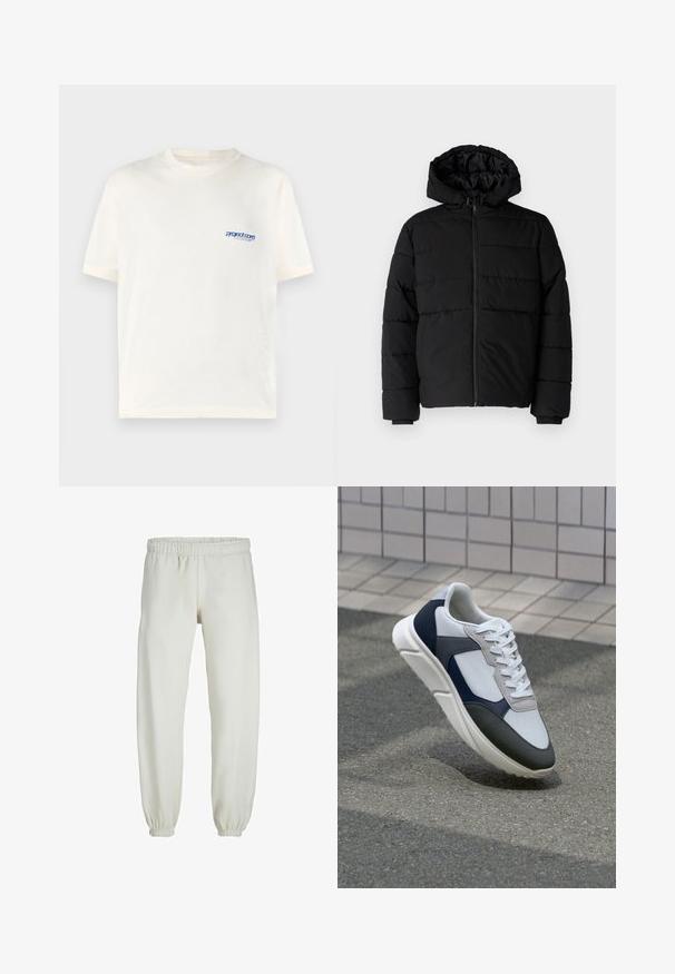 Fekete puff dzseki cipzárral elöl, kapucnival és vízszintes steppelt mintázattal. Simább, tartós anyagból készült, bordázott mandzsettákkal.; Vajaszínű, rövid ujjú póló, puha pamutból készült, bal mellen egy kicsi kék nyomott logóval. Klasszikus kerek nyakú fazon.; Fehér melegítőnadrág, puha anyagból készült, rugalmas derékrésszel és mandzsettával, sima tapintású és laza szabású.; Fehér, tengerészkék és szürke sneaker vegyes anyagokból készült dizájnnal, amely textúrázott felsőrésszel, lapos fűzőkkel és párnázott talppal rendelkezik.