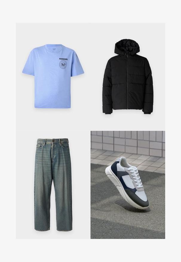 Must värvi puffernahk, millel on seljaed, kapuuts ja horisontaalne õmblusdisain. Valmistatud sujuvast, vastupidavast kangast ja ribakujuliste varrukaotste jaok.; Heled sinine puuvillane T-särk lühikeste varrukatega, ümmargune kaelus ja must "Ramones" logo trükk vasakul rinna piirkonnas. Sile tekstuur.; Heledad sinine denim-stiilis teksad, volüümse lõike, keskmise kõrgusega talje ja sirgete säärega. Omab viit taskut, vöökumme ja nööpide sulgemist.; Valge, mereväe sinine ja hall spordijalats, millel on segatud materjalide disain, tekstureeritud ülemine osa, lame pael ja pehme talla.