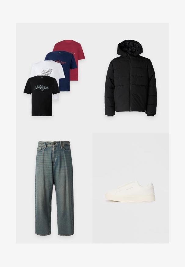 Čierna puff jacket s predným zipsom, kapucňou a horizontálnym prešívaním. Vyrobená z hladkej, odolnej tkaniny s rebrovanými manžetami.; Štyri bavlnené tričká s krátkym rukávom v čiernej, bielej, námorníckej a burgundskej farbe. Každé tričko má na prednej strane potlač "Jack & Jones" v rôznych písmach.; Svetlomodré denimové nohavice so voľným strihom, stredne vysokým pásom a rovnými nohavicami. Obsahujú päť vreciek, pútka na opasok a zapínanie na gombík.; Biele slip-on tenisky s textúrovaným povrchom, hrubou podrážkou a minimalistickým dizajnom. Obsahuje logo značky na boku.