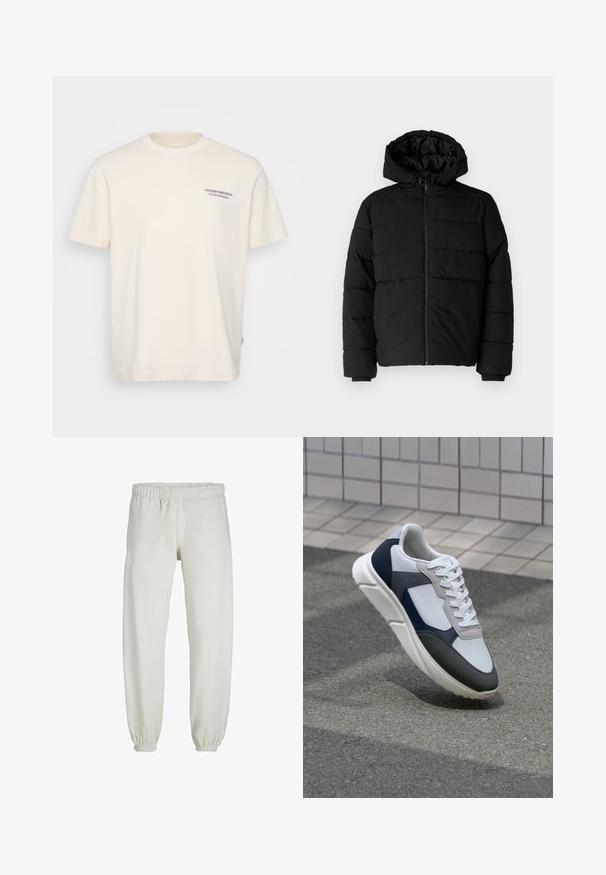 Crni puffer kaput s patentnim zatvaračem sprijeda, kapuljačom i horizontalnim šavovima. Izrađen od glatkog, izdržljivog materijala s rebrastim manžetama.; Pamučna majica boje kreme s okruglim izrezom, kratkim rukavima i malim plavim i crvenim printom "ATELIER ORIGINALS" na prsima.; Bijele trenirke napravljene od mekanog materijala, s elastikom u struku i na manžetama, glatke teksture i labavog kroja.; Bijela, mornarsko plava i siva tenisica s dizajnom od miješanih materijala, koja ima teksturirani gornji dio, ravne vezice i udoban đon.