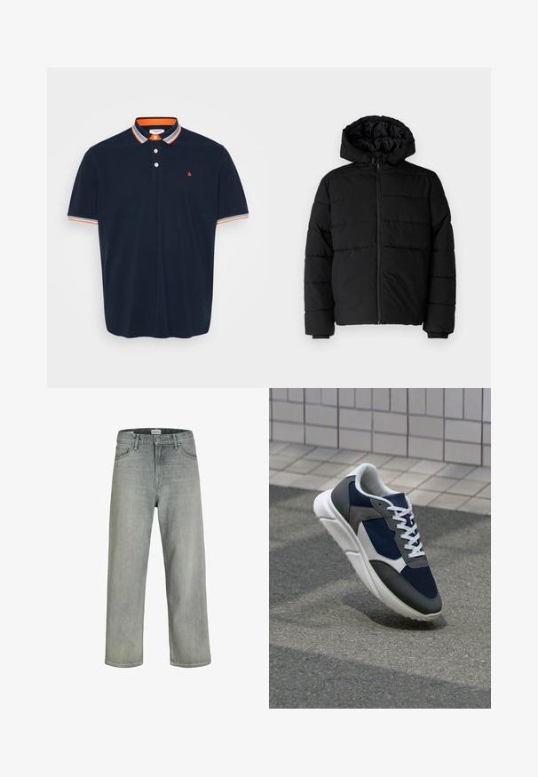 Zwarte pufferjack met een ritssluiting aan de voorkant, een capuchon en een horizontaal gestikt ontwerp. Gemaakt van een gladde, duurzame stof met ribgebreide manchetten.; Navy polo shirt van katoen met een kraag voorzien van oranje en grijze strepen, een drieknoopsluiting en een klein geborduurd logo op de borst.; Lichtgrijze, loszittende spijkerbroeken van denim. Beschikt over een klassiek vijf-pocket ontwerp, riemlussen en een rechte pijp silhoët.; Sneaker met een marineblauwe mesh bovenwerk, grijze suède accenten, witte rubberen zool en platte witte veters, ontworpen voor comfort en ademend vermogen.