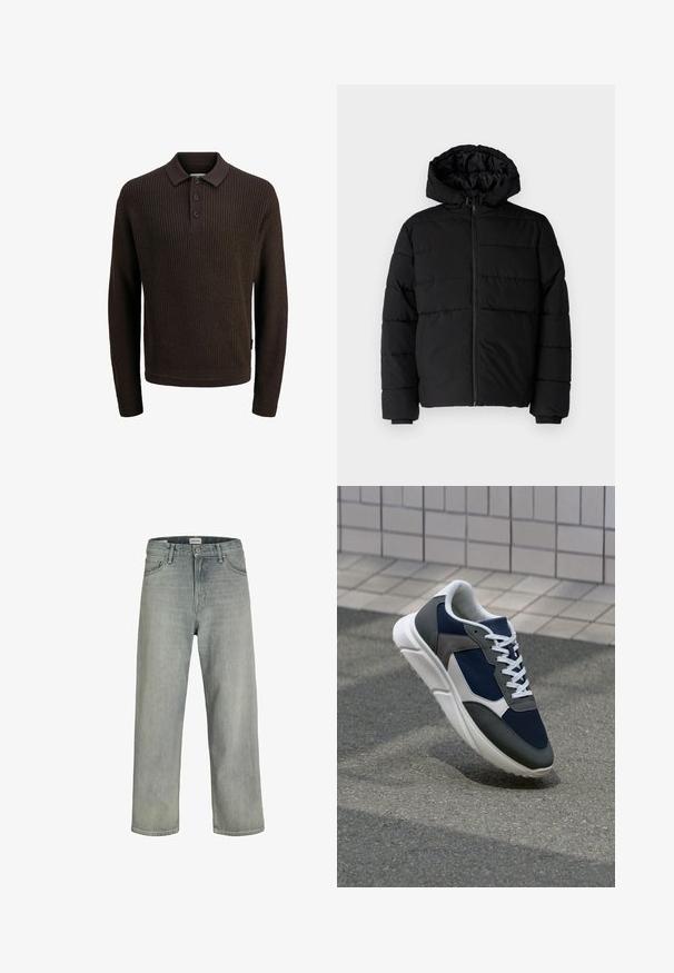 Melna pūkainā jaka ar rāvējslēdzēju priekšā, kapuci un horizontālu quiltēšanas dizainu. Izgatavota no gludas, izturīgas auduma ar ribotām piedurknēm.; Burgundijas adīta garām piedurknēm polo džemperis ar ribota tekstūra, trīs pogu aizdari un klasisku apkakli.; Gai pelēki, brīvi pieguļoši džinsi no denima. Iekļauj klasisku piecu kabatu dizainu, jostas cilpas un taisnu kāju siluetu.; Sporta apavi ar tumši zilas krāsas tīkla augšdaļu, pelēku zamšādas akcentiem, baltu gumijas zoli un plakaniem baltiem šņorēm, kas izstrādāti komfortam un elpojamībai.