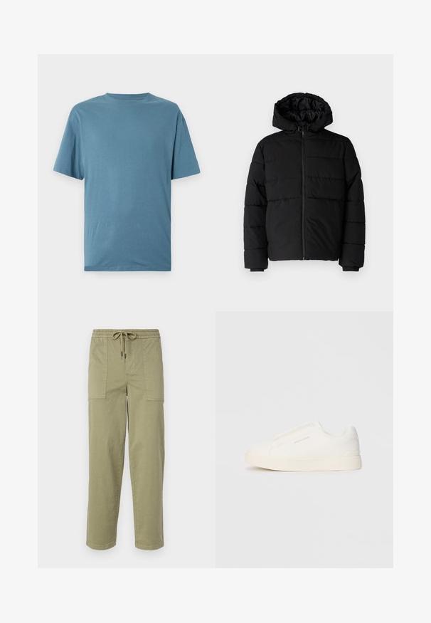 Black puffer jacket featuring a zip front, a hood, and horizontal quilted design. Made of a smooth, durable fabric with ribbed cuffs.; Light blue short-sleeve t-shirt made of soft fabric. Features a crew neck and a relaxed fit with no patterns or embellishments.; Light olive green pants made of cotton blend fabric, featuring an elastic waistband with drawstring, and two large side pockets.; White slip-on sneakers with a textured surface, a thick sole, and minimalistic design. Features brand logo on the side.