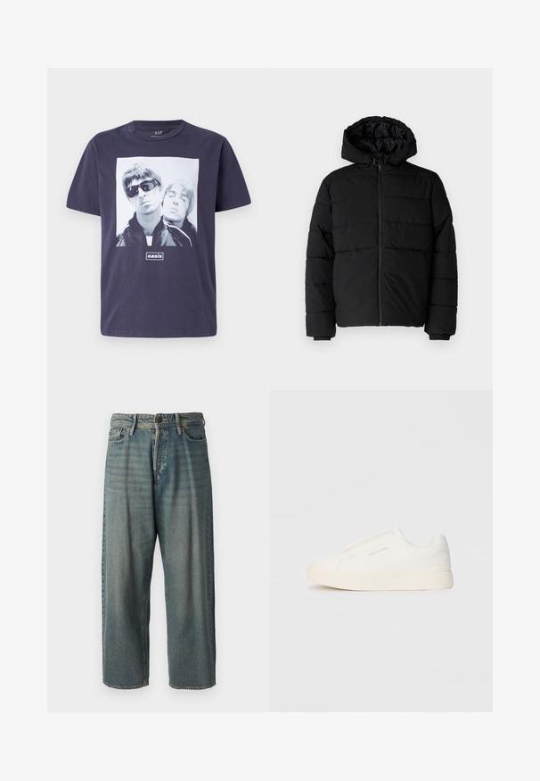 Melna pūkainā jaka ar rāvējslēdzēju priekšā, kapuci un horizontālu quiltēšanas dizainu. Izgatavota no gludas, izturīgas auduma ar ribotām piedurknēm.; Jūras zilas kokvilnas T-krekls ar lielu grafisko attēlu, kurā attēlotas divas vīriešu figūras. Vārds "oasis" ir centrēts zem attēla. Īsas piedurknes, apaļš kakls.; Gaiši zili džinsi ar brīvu piegriezumu, vidējo jostas augstumu un taisnām kājām. Satur piecas kabatas, jostas cilpas un pogu aizdari.; Baltas slip-on sporta apavi ar teksturētu virsmu, biezu zoli un minimālistisku dizainu. Sānos redzams zīmola logotips.