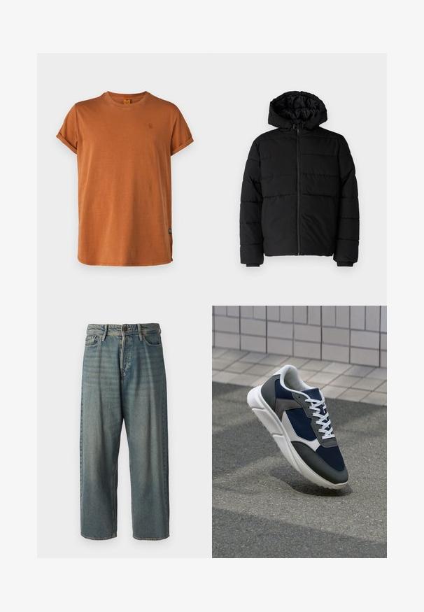 Casaco puffer preto com fecho de correr, capuz e design acolchoado horizontal. Feito de um tecido liso e durável com punhos canelados.; G-STAR LASH - T-shirt básica - rodeo; Jeans de ganga azul claro com um corte solto, cintura média e pernas retas. Apresenta cinco bolsos, passadores de cinto e fecho com botão.; Sapatilha com parte superior em malha azul-marinho, detalhes em camurça cinza, sola de borracha branca e atacadores brancos planos, projetada para conforto e respirabilidade.