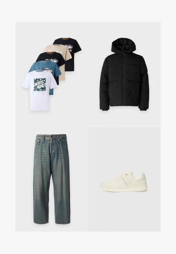 Juodas pūkinis švarkas su užtrauktuku priekyje, gaubtu ir horizontaliai siuvinėtu dizainu. Pagamintas iš lygaus, tvirto audinio su raukiniais ant rankovių.; Penki trumpomis rankovėmis marškiniai balta, mėtinė, smėlio, juoda ir tamsiai mėlyna spalvomis, su grafiniais spaudiniais priekyje, turinčiais įvairius florinius dizainus.; Šviesiai mėlyni džinsai su laisvu siluetu, vidutinio aukščio juosmeniu ir tiesiomis kojomis. Su penkiais kišenėmis, diržo kilpo ir mygtukų uždarymu.; Kremo spalvos sportbačiai su perforuotomis detalėmis, raišteliais ir logotipu šone, išdėstyti prieš paprastą baltą foną.