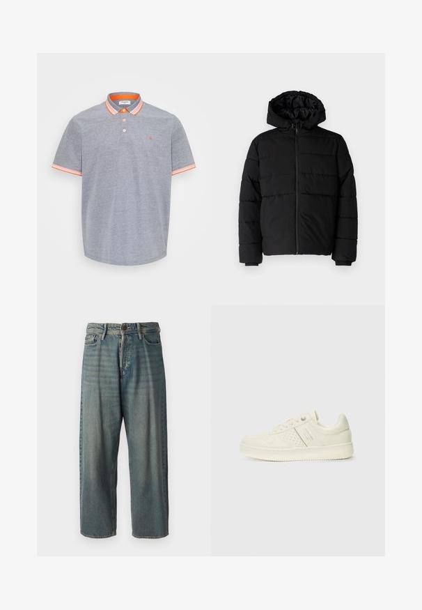 Černá péřová bunda s předním zipem, kapucí a vodorovným prošíváním. Vyrobena z hladké a odolné látky s žebrovanými manžetami.; Šedé polo triko vyrobené z bavlny s texturovaným povrchem, s oranžovými akcenty na límci a rukávech. Tříknoflíková léga.; Světle modré denimové džíny s volným střihem, středně vysokým pasem a rovnými nohavicemi. Obsahují pět kapes, poutka na opasek a zapínání na knoflík.; Světlé krémové tenisky s perforovanými detaily, šněrováním a logem na boku, vystavené na jednoduchém bílém pozadí.