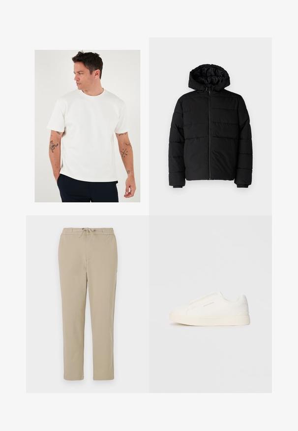 Schwarze Daunenjacke mit Reißverschluss vorne, Kapuze und horizontalem Steppmuster. Hergestellt aus einem glatten, strapazierfähigen Stoff mit gerippten Manschetten.; Weißes Crew-Neck T-Shirt, kurze Ärmel, glatte Textur. Getragen mit dunklen Hosen, mit sichtbaren Tattoos an den Armen.; Beige Lounge-Hosen mit elastischem Bund und Kordelzug, im schlichten Design mit geradem Bein und weichem, glattem Material.; Weiße Slip-On-Sneaker mit einer strukturierten Oberfläche, dicker Sohle und minimalistischem Design. Mit Logo der Marke an der Seite.