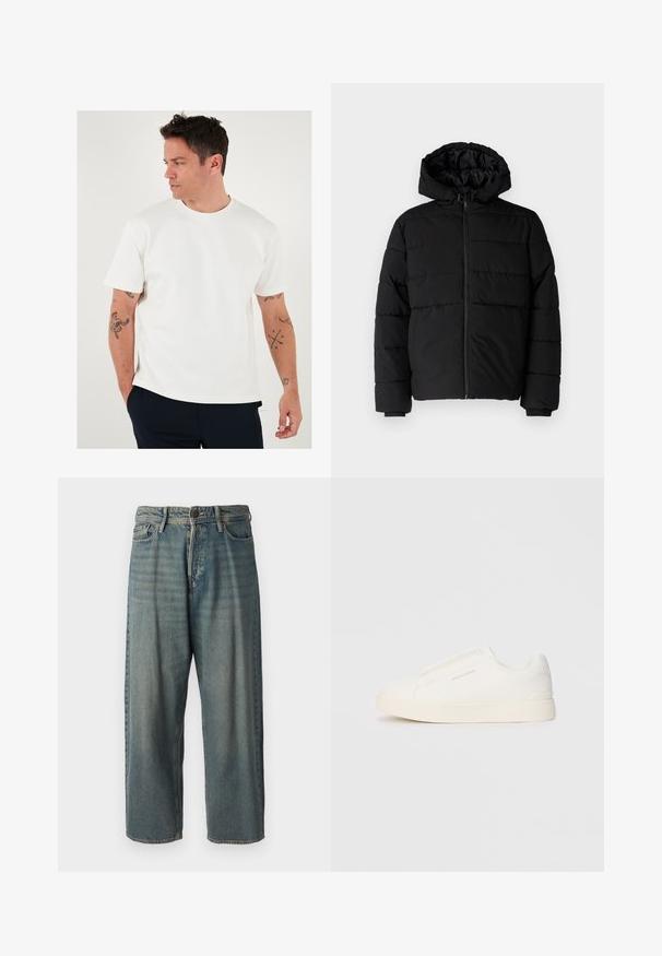 Must värvi puffernahk, millel on seljaed, kapuuts ja horisontaalne õmblusdisain. Valmistatud sujuvast, vastupidavast kangast ja ribakujuliste varrukaotste jaok.; Valge ümmarguse kaelusega t-särk, lühikesed varrukad, sile tekstuur. Seljas tumedad püksid, millel on kätes nähtavad tätoveeringud.; Heledad sinine denim-stiilis teksad, volüümse lõike, keskmise kõrgusega talje ja sirgete säärega. Omab viit taskut, vöökumme ja nööpide sulgemist.; Valged libisemiskindlad tossud tekstuuriga pinnaga, paksu tallaga ja minimalistikus disainis. Küljel on brändi logo.