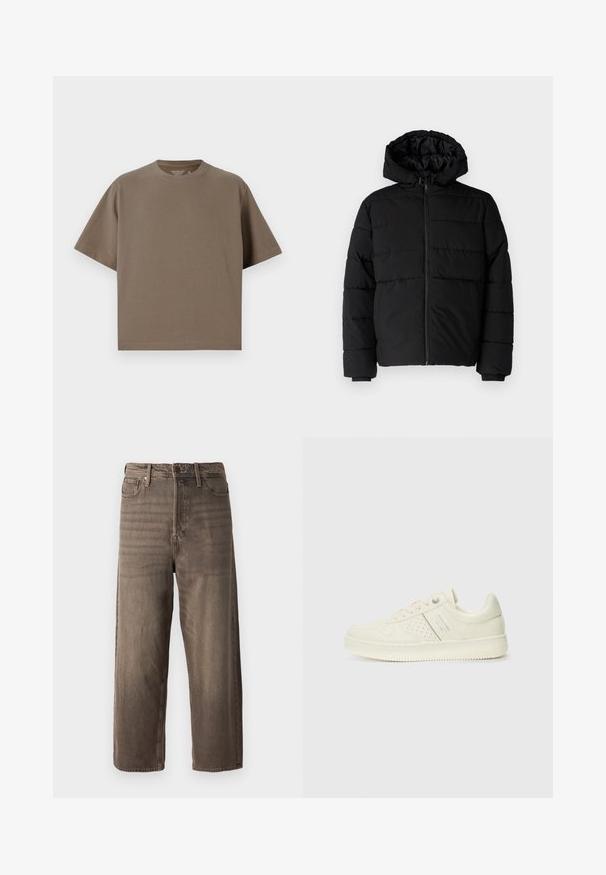Fekete puff dzseki cipzárral elöl, kapucnival és vízszintes steppelt mintázattal. Simább, tartós anyagból készült, bordázott mandzsettákkal.; Barna, rövid ujjú póló, puha anyagból, kerek nyakkivágással. Laza szabású, egyszerű szegélyezéssel rendelkezik.; Barna, széles lábú farmernadrág, denim anyagból készült. Cipzáras záródás, övbújtatók és öt zseb található rajta. Az anyag megjelenése halvány pattanásos hatású.; Krém színű sneaker perforált részletekkel, fűzőkkel és logóval az oldalán, egy sima fehér háttér előtt kiállítva.