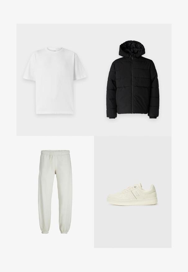 Sort pufferjakke med lynlås foran, hætte og vandret quiltet design. Lavet af et glat og holdbart stof med ribbede manchetter.; Hvid bomulds T-shirt med rund halsudskæring og korte ærmer. Har en løs pasform og en glat tekstur. Ingen synlige mønstre eller grafikker.; Hvide sweatpants lavet af blødt stof, med elastisk talje og håndled, der har en glat tekstur og løs pasform.; Cremefarvet sneaker med perforeret detaljering, snørebånd og logo på siden, præsenteret mod en simpel hvid baggrund.