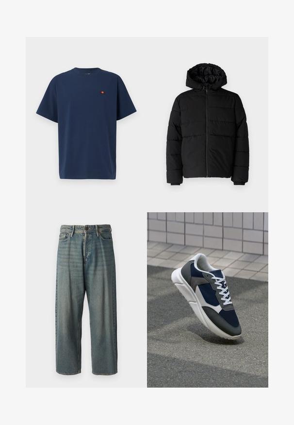 Melna pūkainā jaka ar rāvējslēdzēju priekšā, kapuci un horizontālu quiltēšanas dizainu. Izgatavota no gludas, izturīgas auduma ar ribotām piedurknēm.; Jūras zilas kokvilnas T-krekls ar īsām piedurknēm, apaļu kakla izgriezumu un mazu izšūtu logo oranžā un sarkanā krāsā kreisajā krūtī.; Gaiši zili džinsi ar brīvu piegriezumu, vidējo jostas augstumu un taisnām kājām. Satur piecas kabatas, jostas cilpas un pogu aizdari.; Sporta apavi ar tumši zilas krāsas tīkla augšdaļu, pelēku zamšādas akcentiem, baltu gumijas zoli un plakaniem baltiem šņorēm, kas izstrādāti komfortam un elpojamībai.