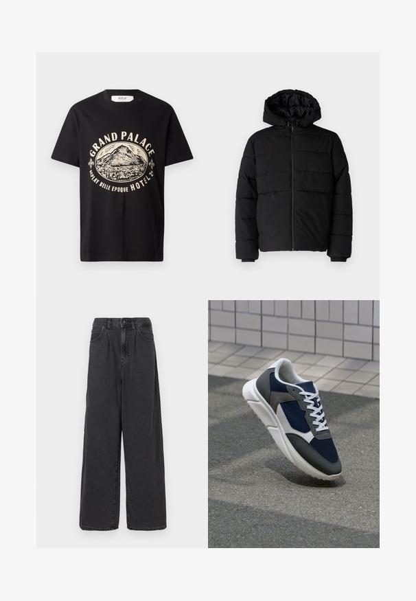 Melna pūkainā jaka ar rāvējslēdzēju priekšā, kapuci un horizontālu quiltēšanas dizainu. Izgatavota no gludas, izturīgas auduma ar ribotām piedurknēm.; Melnā kokvilnas T-kreklā ir beigu krāsas grafiskais prints ar kalnu attēlu un tekstu "Grand Palace Replay Belle Epoque Hotel". Vienkāršs apkakles dizains.; Platas kājas, augstā jostasvietā melnas džinsus ar priekšējo pogu un rāvējslēdzēju, ar sānu kabatām un gludu tekstūru.; Sporta apavi ar tumši zilas krāsas tīkla augšdaļu, pelēku zamšādas akcentiem, baltu gumijas zoli un plakaniem baltiem šņorēm, kas izstrādāti komfortam un elpojamībai.