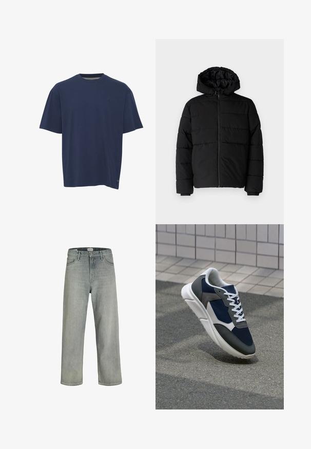 Čierna puff jacket s predným zipsom, kapucňou a horizontálnym prešívaním. Vyrobená z hladkej, odolnej tkaniny s rebrovanými manžetami.; Námornícky modré bavlnené tričko s krátkym rukávom, okrúhlym výstrihom a nenápadným logom na hrudi, s uvoľneným, štvorcovým strihom.; Svetlošedé džíny vo voľnom strihu vyrobené z denimu. Obsahujú klasický dizajn s piatimi vreckami, pútka na opasok a strih rovného nohavice.; Tenisky s sieťovinou v námorníckej modrej farbe, so sivými semišovými detailmi, bielou gumovou podrážkou a plochými bielymi šnúrkami, navrhnuté pre pohodlie a priedušnosť.