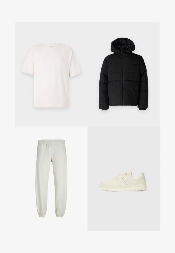 Black puffer jacket featuring a zip front, a hood, and horizontal quilted design. Made of a smooth, durable fabric with ribbed cuffs.; White short-sleeve t-shirt made of soft cotton. Features a round neck and relaxed fit. Smooth texture with no patterns or accents.; White sweatpants made from soft fabric, featuring an elastic waistband and cuffs, with a smooth texture and loose-fitting design.; Cream-colored sneaker with perforated detailing, laces, and logo on the side, displayed against a plain white background.