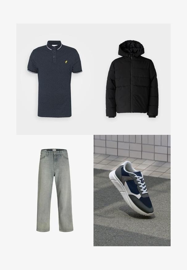 Casaco puffer preto com fecho de correr, capuz e design acolchoado horizontal. Feito de um tecido liso e durável com punhos canelados.; Camisa polo azul-marinho com padrão de pequenos pontos brancos, mangas curtas, detalhes brancos no colarinho e nos punhos, e um logótipo amarelo no peito.; Jeans soltos de cor cinza claro feitos de denim. Apresentam um design clássico de cinco bolsos, passadores para cinto e uma silhueta de perna reta.; Sapatilha com parte superior em malha azul-marinho, detalhes em camurça cinza, sola de borracha branca e atacadores brancos planos, projetada para conforto e respirabilidade.