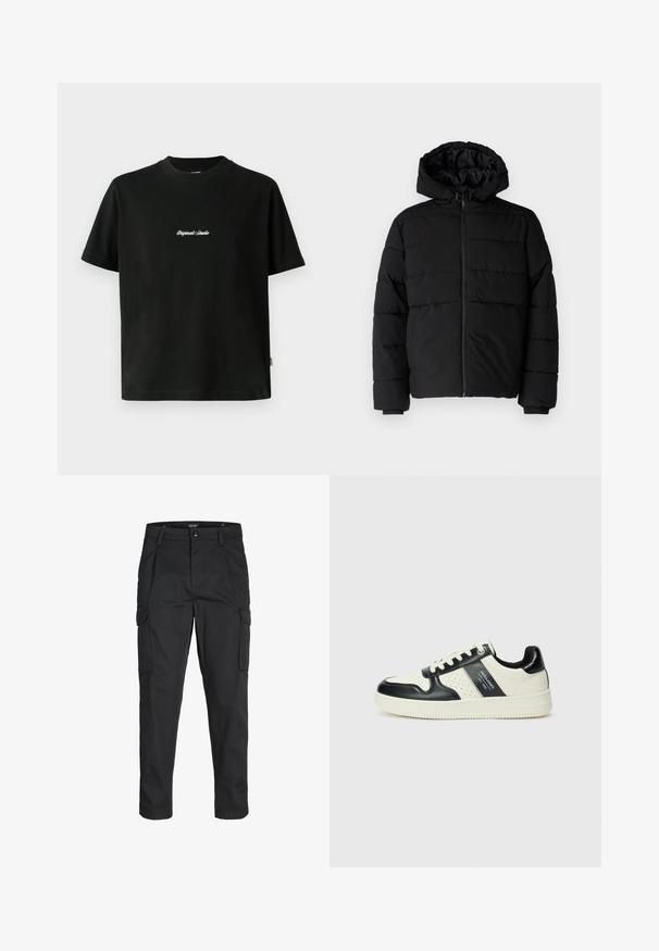 Čierna puff jacket s predným zipsom, kapucňou a horizontálnym prešívaním. Vyrobená z hladkej, odolnej tkaniny s rebrovanými manžetami.; Čierne bavlnené tričko s krátkymi rukávmi, s bielym vyšívaným textom "Original Studio" na hrudníku a zaobleným výstrihom.; Čierne cargo nohavice z odolnej látky, s viacerými vreckami, gombíkovým zapínaním a úzkym strihom so zúženými nohavicami.; Kožené tenisky v čierno-krémovej farbe, s perforovanými akcentmi, polstrovaným golierom a štruktúrovanou podrážkou.