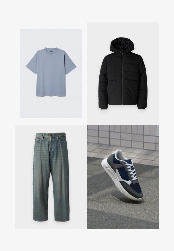 Juodas pūkinis švarkas su užtrauktuku priekyje, gaubtu ir horizontaliai siuvinėtu dizainu. Pagamintas iš lygaus, tvirto audinio su raukiniais ant rankovių.; Šviesiai mėlyna trumpomis rankovėmis marškinėliai, pagaminti iš lygaus medvilnės, su apvalia iškirpte ir laisvu prisitaikymu; turi minimalų siuvimo detalizavimą.; Šviesiai mėlyni džinsai su laisvu siluetu, vidutinio aukščio juosmeniu ir tiesiomis kojomis. Su penkiais kišenėmis, diržo kilpo ir mygtukų uždarymu.; Sportiniai bateliai su tamsiai mėlynu tinkliniu viršumi, pilkais zomšiniais akcentais, balta guma padanga ir plokščiomis baltomis raištelėmis, sukurti komfortui ir oro pralaidumui.