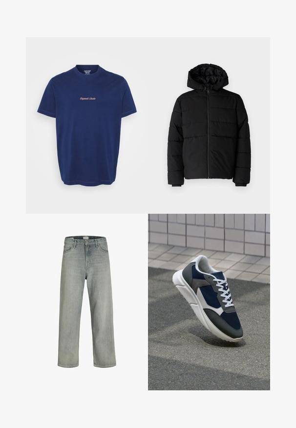 Casaco puffer preto com fecho de correr, capuz e design acolchoado horizontal. Feito de um tecido liso e durável com punhos canelados.; Camisa de algodão azul-marinho com decote redondo e mangas curtas; "Originals Studio" bordado em fio contraste bege no peito.; Jeans soltos de cor cinza claro feitos de denim. Apresentam um design clássico de cinco bolsos, passadores para cinto e uma silhueta de perna reta.; Sapatilha com parte superior em malha azul-marinho, detalhes em camurça cinza, sola de borracha branca e atacadores brancos planos, projetada para conforto e respirabilidade.