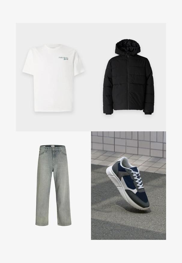 Doudoune noire avec fermeture éclair à l'avant, capuche et design matelassé horizontal. Fabriquée dans un tissu lisse et durable avec des poignets côtelés.; T-shirt en coton blanc avec un col ras du cou. Le devant présente un texte vert : "PARK MOTEL Resort." Manches courtes et coupe décontractée. Texture lisse.; Jeans gris clair, de coupe ample en denim. Présente un design classique à cinq poches, des passants de ceinture et une silhouette à jambe droite.; Baskets avec une tige en mesh bleu marine, des accents en suède gris, une semelle en caoutchouc blanc et des lacets plats blancs, conçues pour le confort et la respirabilité.