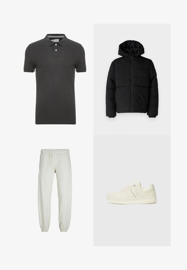 Melna pūkainā jaka ar rāvējslēdzēju priekšā, kapuci un horizontālu quiltēšanas dizainu. Izgatavota no gludas, izturīgas auduma ar ribotām piedurknēm.; Tumši pelēkas krāsas polo krekls ar īsām piedurknēm, apkakli un trīs pogu aizdari. Iekšējā apkakles daļā ir smalki svītraini akcenti.; Baltas treniņbikses, izgatavotas no mīkstas auduma, ar elastīgu jostu un piedurknēm, gluda tekstūra un brīva piegriezuma dizains.; Krēmbaltie sporta apavi ar perforētu detaļām, auklām un logotipu sānos, attēloti uz vienkārša baltā fona.