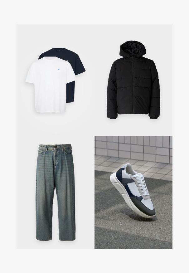 Melna pūkainā jaka ar rāvējslēdzēju priekšā, kapuci un horizontālu quiltēšanas dizainu. Izgatavota no gludas, izturīgas auduma ar ribotām piedurknēm.; Divas T-krekli: viens balts ar mazu zilu logotipu, otrs tumši zils ar atbilstošu logotipu. Abi ir kokvilnas, ar apaļu kaklu un īsām piedurknēm.; Gaiši zili džinsi ar brīvu piegriezumu, vidējo jostas augstumu un taisnām kājām. Satur piecas kabatas, jostas cilpas un pogu aizdari.; Balti, tumši zili un pelēki sporta apavi ar jauktu materiālu dizainu, kuram ir teksturēts augšdaļa, plakani šņores un mīkstināta zole.