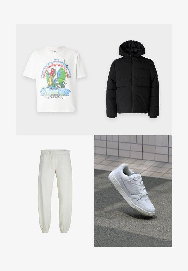 Svart puffjacka med dragkedja fram, huva och horisontellt quiltat mönster. Tillverkad av ett slätt, hållbart tyg med ribbade ärmslut.; Vit bomull t-shirt med en färgglad grafisk tryck av en drake och en stadion, med "The Rolling Stones" text i fet, stiliserad typsnitt.; Vita sweatpants gjorda av mjukt tyg, med elastisk midja och muddar, samt en slät textur och lös passform.; Vit lädersneaker med perforerade sidor, texturerade accenter, plana snören och en kontrasterande grå häl. Har en något upphöjd sula.