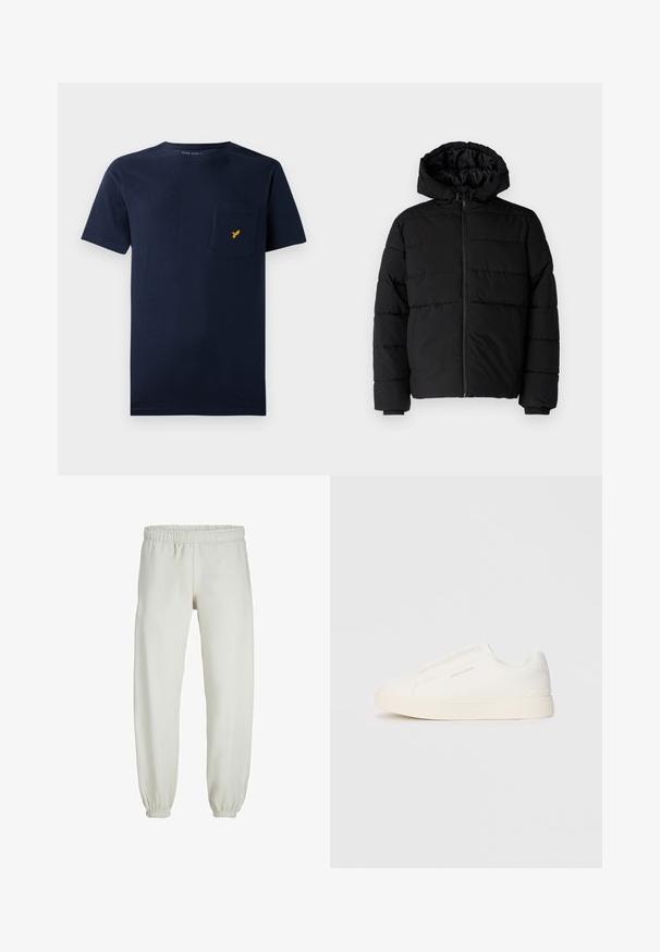 Zwarte pufferjack met een ritssluiting aan de voorkant, een capuchon en een horizontaal gestikt ontwerp. Gemaakt van een gladde, duurzame stof met ribgebreide manchetten.; Marineblauwe katoenen T-shirt met korte mouwen, een ronde halslijn en een borstzak met een klein geel vogellogo.; Witte sweatpants gemaakt van zachte stof, met een elastische tailleband en boorden, een gladde textuur en een losvallend ontwerp.; Witte instap sneakers met een gestructureerd oppervlak, een dikke zool en een minimalistisch ontwerp. Bevat het merklogo aan de zijkant.